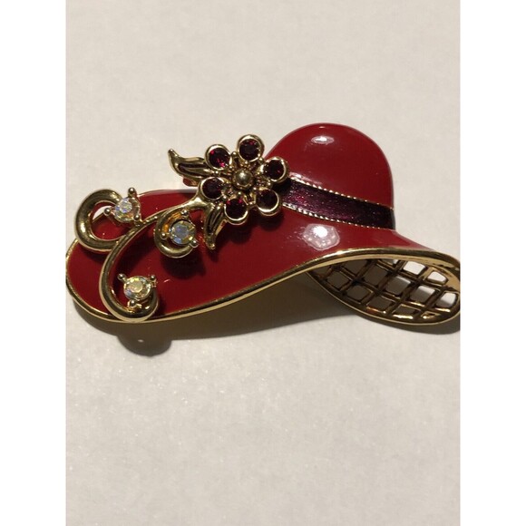 Red Hat Society Gold Enameled Brooch With Glass Crystal Stones, Vintage Brooch - Picture 4 of 7